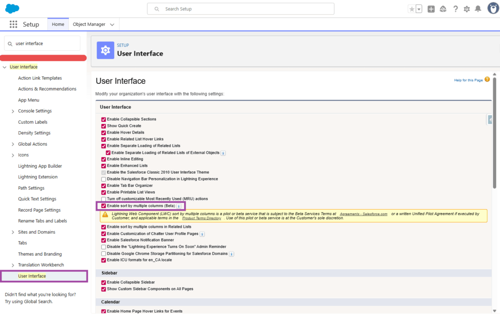 Steps to enable Multi-Column Sort in Salesforce Setting